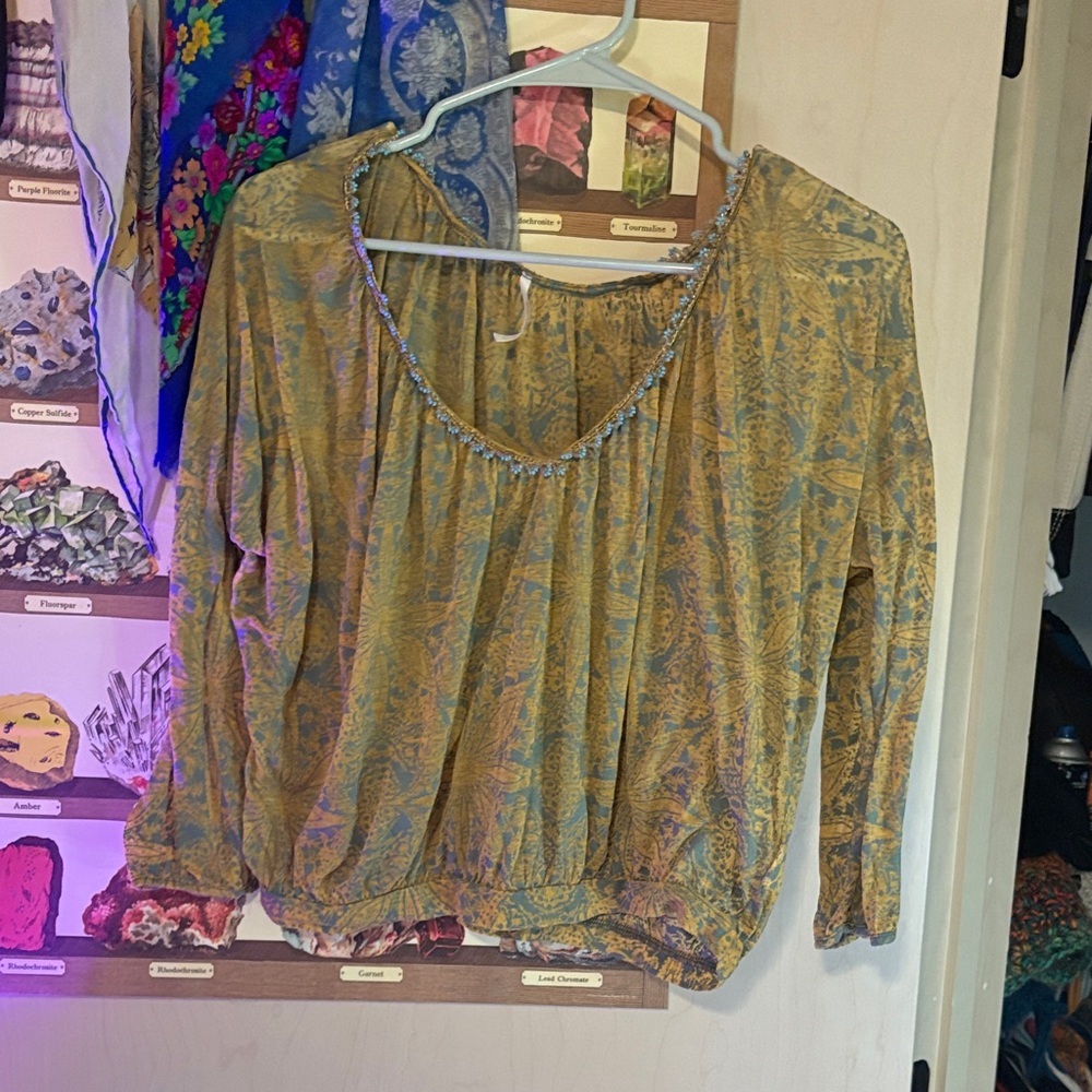 Free people Sheer Floral Print Women's Top - Yellow and Blue